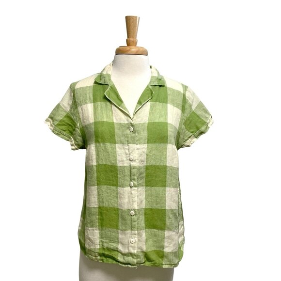 Pyne & Smith 100% Flax Linen Gingham Short Sleeve Button Up Blouse size Medium - Picture 1 of 8